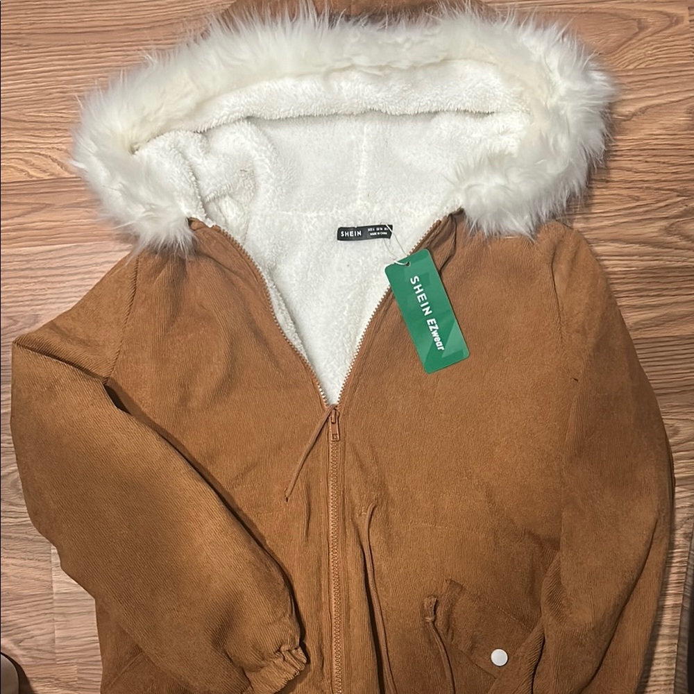 Shein Brown Faux Fur Hooded Jacket